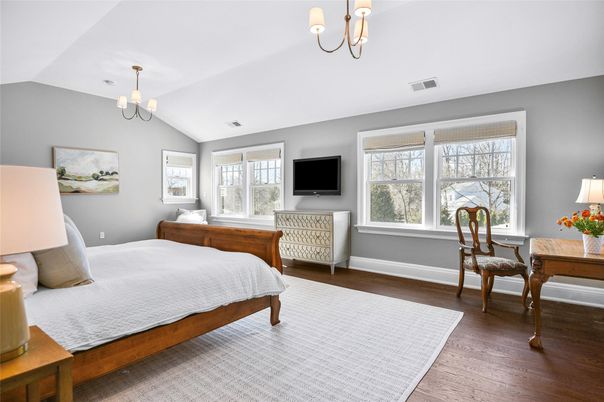 Bedroom, Chandelier, Interior, Wood Texture Flooring