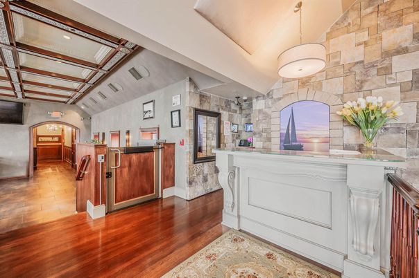 Interior, Kitchen, Pendant Lights, Recessed Lighting, Stone Walls, Wood Texture Flooring