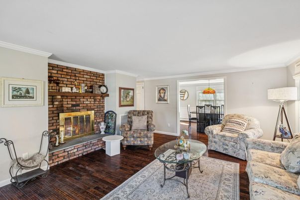Dining room, Fireplace, Interior, Living room, Stone Walls, Wood Texture Flooring