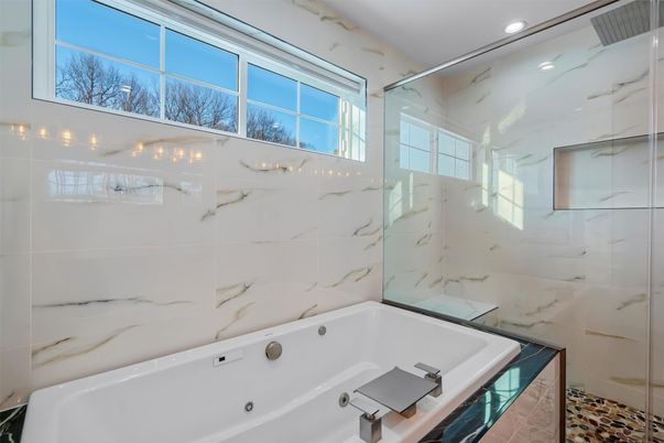 Bathroom, Glass Shower, Interior, Marble Walls, Recessed Lighting