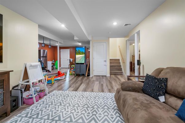 Interior, Kitchen, Living room, Recessed Lighting, Stainless Steel Appliances, Wood Texture Flooring
