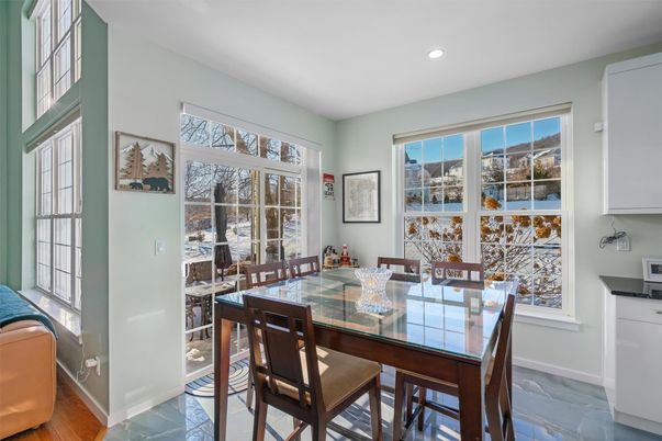 Dining room, Interior, Recessed Lighting, Wood Texture Flooring