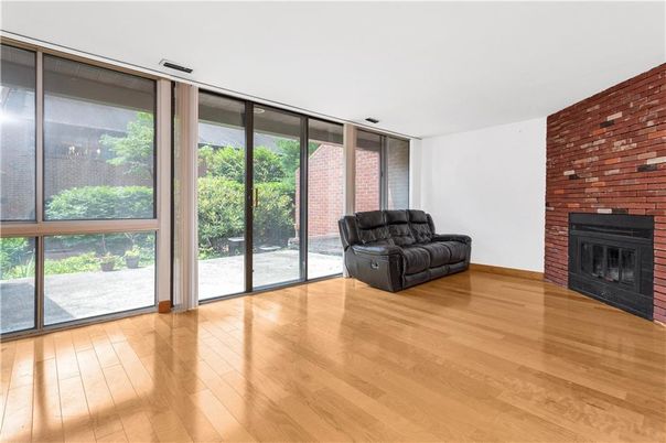 Empty room, Fireplace, Interior, Stone Walls, Wood Texture Flooring