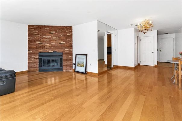 Chandelier, Empty room, Fireplace, Interior, Stone Walls, Wood Texture Flooring