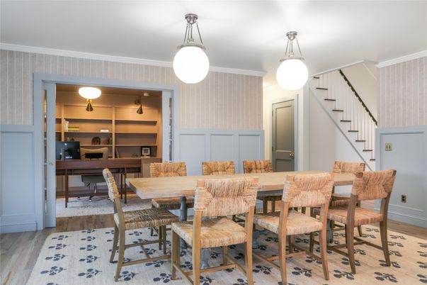 Dining room, Interior, Pendant Lights, Wood Texture Flooring