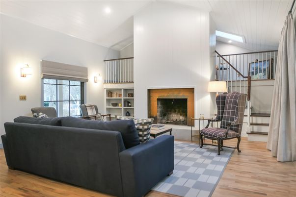 Fireplace, Interior, Living room, Recessed Lighting, Wood Texture Flooring