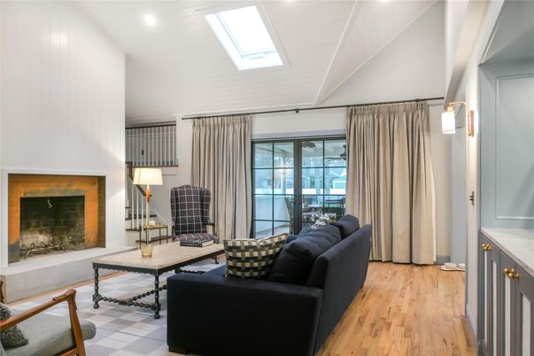 Fireplace, Interior, Living room, Recessed Lighting, Wood Texture Flooring