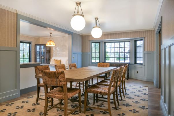 Dining room, Interior, Pendant Lights, Wood Texture Flooring