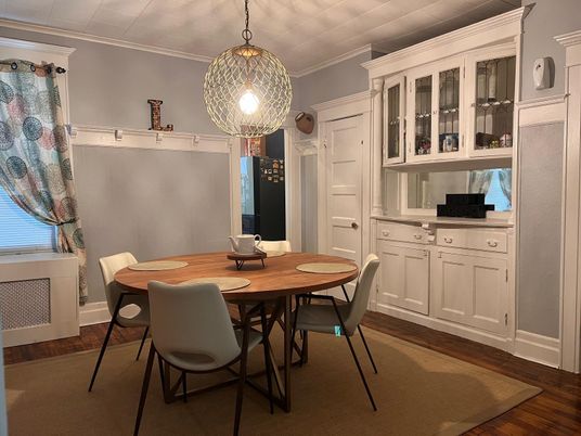 Dining room, Interior, Pendant Lights, Wood Texture Flooring