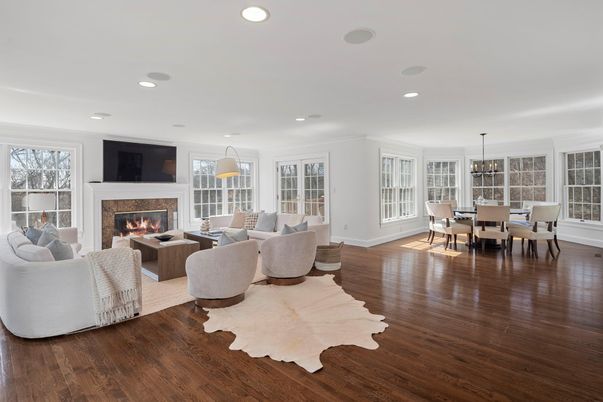Chandelier, Dining room, Fireplace, Interior, Living room, Recessed Lighting, Wood Texture Flooring
