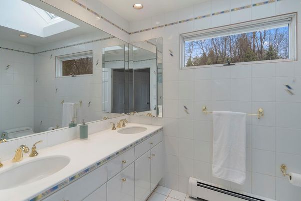 Bathroom, Dual Sink Vanities, Glass Shower, Interior, Recessed Lighting, Tile Countertops