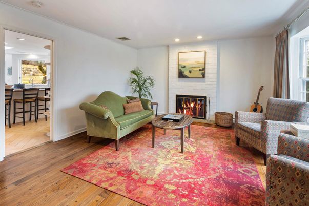 Fireplace, Interior, Living room, Recessed Lighting, Wood Texture Flooring