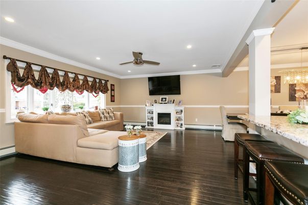 Fireplace, Interior, Living room, Pendant Lights, Recessed Lighting, Wood Texture Flooring