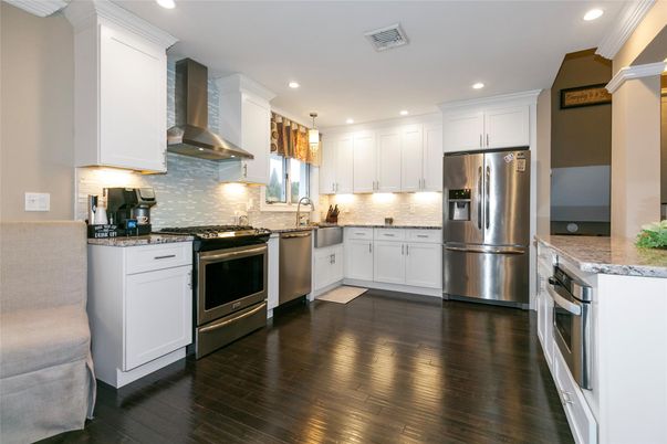 Interior, Kitchen, Pendant Lights, Recessed Lighting, Stainless Steel Appliances, Wood Texture Flooring