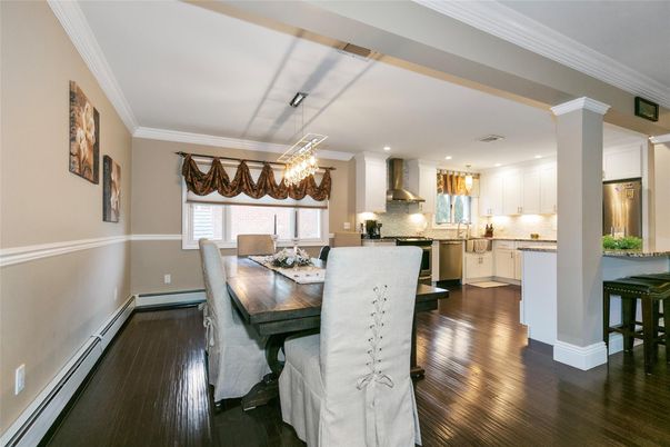 Dining room, Interior, Kitchen, Pendant Lights, Recessed Lighting, Stainless Steel Appliances, Wood Texture Flooring