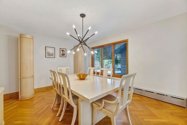 Dining room, Interior, Pendant Lights, Wood Texture Flooring