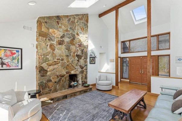 Fireplace, Interior, Recessed Lighting, Stone Walls, Wooden Beams, Wood Texture Flooring