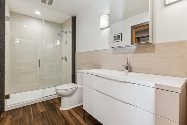 Bathroom, Glass Shower, Interior, Recessed Lighting, Wood Texture Flooring