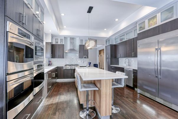 Interior, Kitchen, Pendant Lights, Recessed Lighting, Stainless Steel Appliances, Wood Texture Flooring