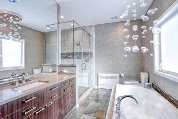 Bathroom, Dual Sink Vanities, Glass Shower, Interior, Pendant Lights, Recessed Lighting