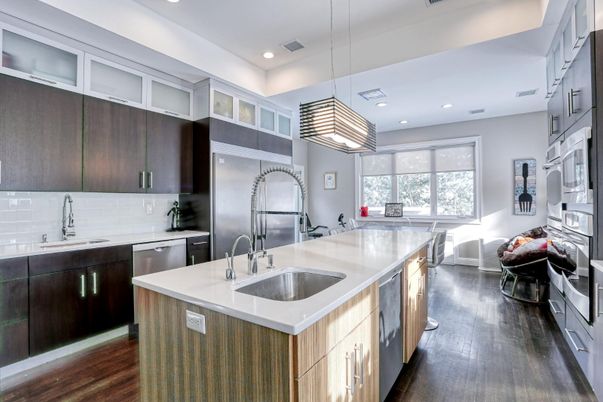 Interior, Kitchen, Pendant Lights, Recessed Lighting, Stainless Steel Appliances, Wood Texture Flooring