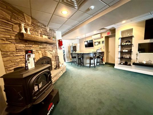 Fireplace, Interior, Recessed Lighting, Stone Walls