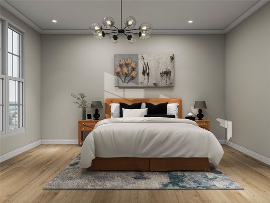 Bedroom, Interior, Pendant Lights, Recessed Lighting, Wood Texture Flooring