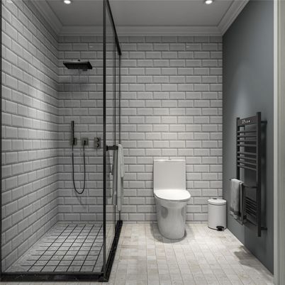Bathroom, Glass Shower, Interior, Recessed Lighting, Stone Walls