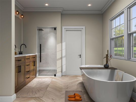 Bathroom, Free Standing Baths, Glass Shower, Interior, Marble Walls, Recessed Lighting, Wood Texture Flooring