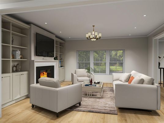 Chandelier, Fireplace, Interior, Living room, Recessed Lighting, Wood Texture Flooring