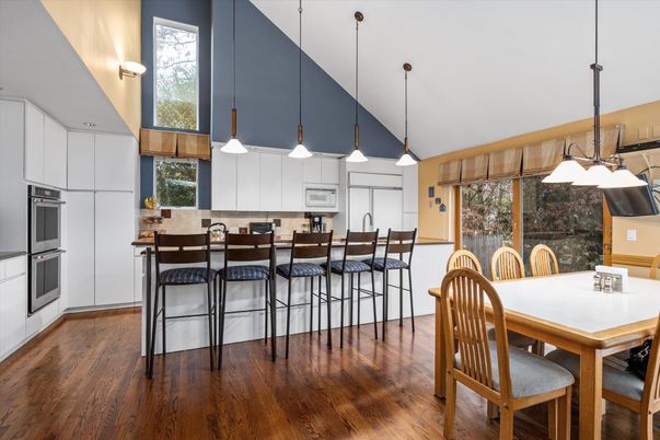 Dining room, Interior, Kitchen, Pendant Lights, Wood Texture Flooring