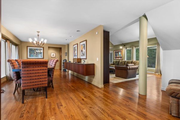 Chandelier, Dining room, Interior, Living room, Pendant Lights, Recessed Lighting, Wood Texture Flooring