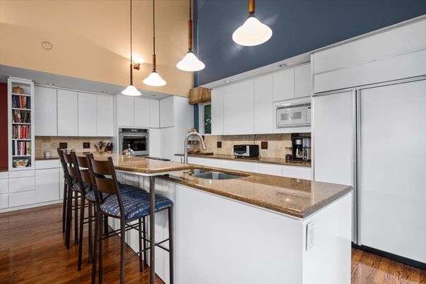 Interior, Kitchen, Pendant Lights, Stainless Steel Appliances, Wood Texture Flooring