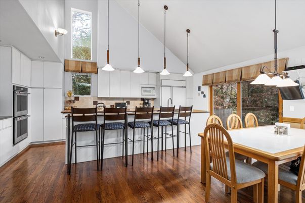 Dining room, Interior, Kitchen, Pendant Lights, Wood Texture Flooring