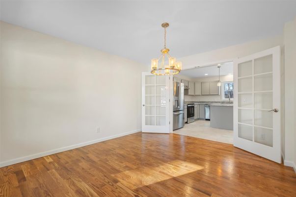 Chandelier, Empty room, Interior, Kitchen, Pendant Lights, Wood Texture Flooring