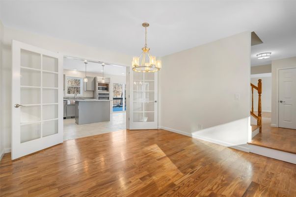 Empty room, Interior, Kitchen, Pendant Lights, Wood Texture Flooring