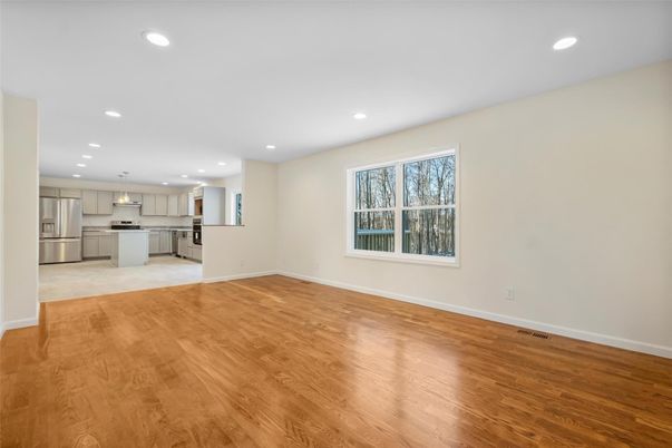 Empty room, Interior, Kitchen, Pendant Lights, Recessed Lighting, Stainless Steel Appliances, Wood Texture Flooring