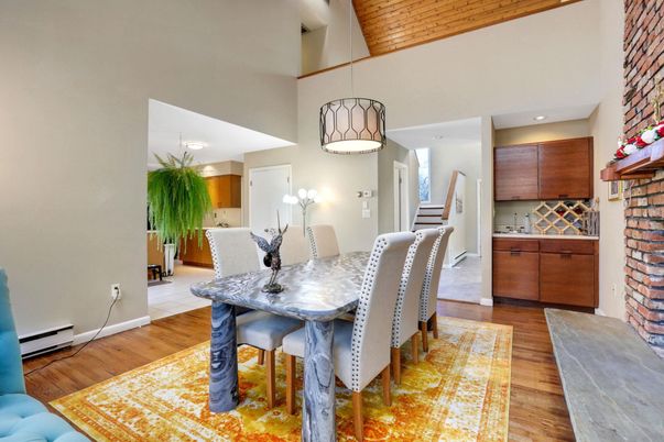 Dining room, Interior, Pendant Lights, Recessed Lighting, Stone Walls, Wooden Ceilings, Wood Texture Flooring