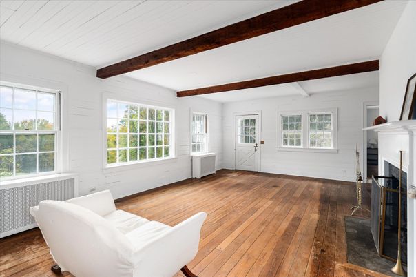 Empty room, Fireplace, Interior, Wooden Beams, Wood Texture Flooring