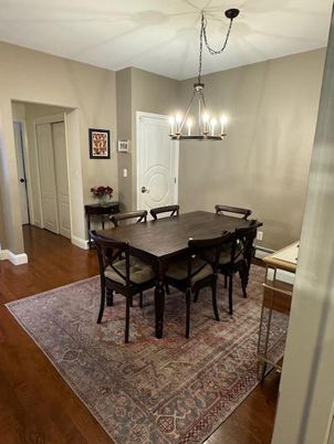 Chandelier, Dining room, Interior, Wood Texture Flooring