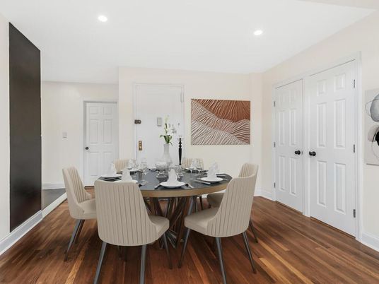 Dining room, Interior, Recessed Lighting, Wood Texture Flooring