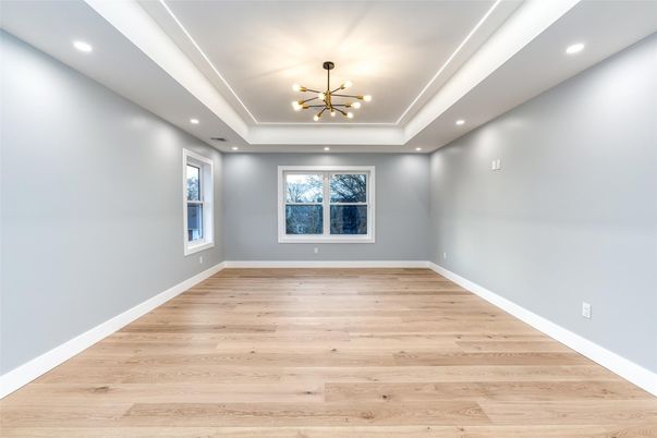 Empty room, Interior, Pendant Lights, Recessed Lighting, Wood Texture Flooring