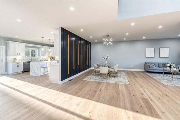 Dining room, Interior, Kitchen, Living room, Pendant Lights, Recessed Lighting, Wood Texture Flooring