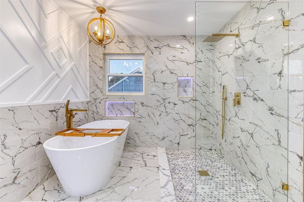 Bathroom, Free Standing Baths, Glass Shower, Interior, Marble, Marble Walls, Recessed Lighting