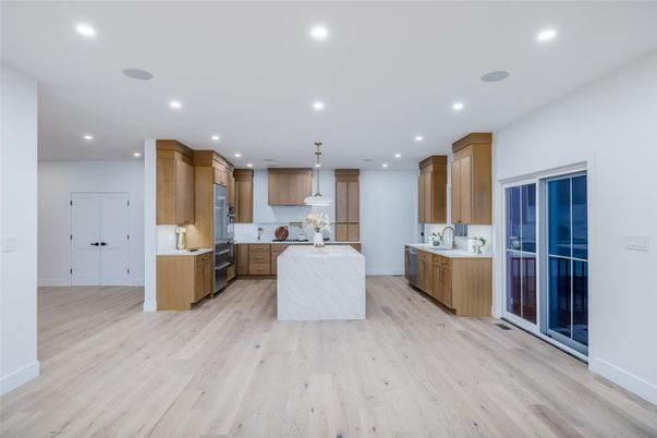 Interior, Kitchen, Pendant Lights, Recessed Lighting, Stainless Steel Appliances, Wood Texture Flooring