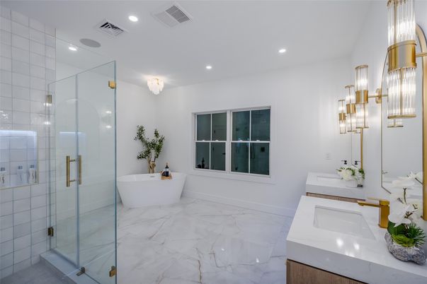 Bathroom, Dual Sink Vanities, Free Standing Baths, Glass Shower, Interior, Marble, Recessed Lighting