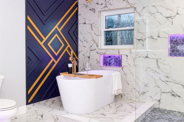 Bathroom, Free Standing Baths, Glass Shower, Interior, Marble, Marble Walls