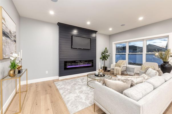 Fireplace, Interior, Living room, Recessed Lighting, Wood Texture Flooring