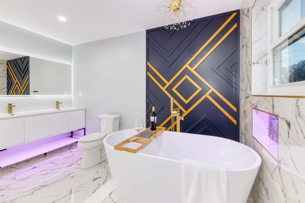 Bathroom, Dual Sink Vanities, Free Standing Baths, Interior, Marble, Marble Walls, Recessed Lighting