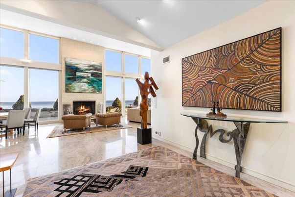 Dining room, Fireplace, Interior, Living room, Recessed Lighting, Water